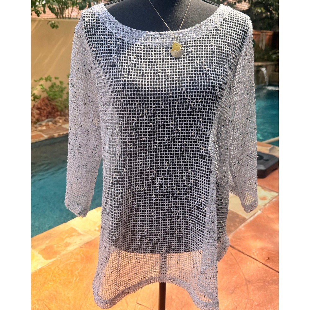 Lulu-B Open Knit Beach Cover Up Sweater White Speckled Oversized Crochet Mesh  M